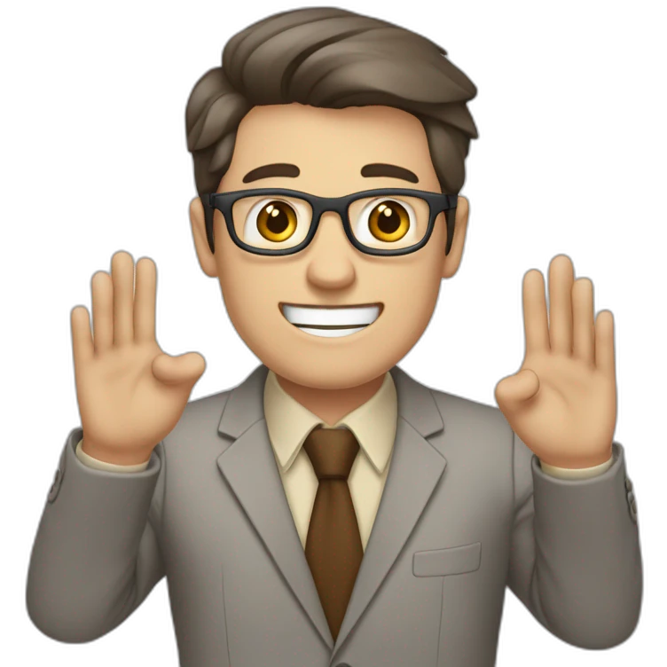 To belt Actively gesturing with hands Pale skinned fit man with dark brown hair in gray jacket, beige office shirt, brown tie, brown pants and vintage glasses. emoji