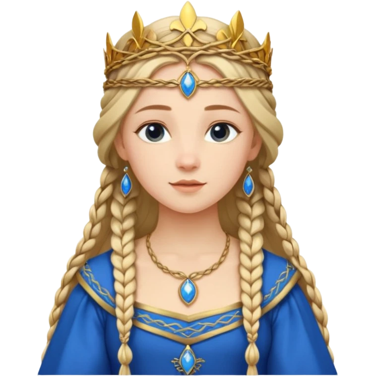 An emoji portrait of a medieval European princess. She wears a long-sleeved bliaut dress in a vibrant blue color, with a delicate golden circlet on her head. Her hair is braided in long tresses, and her expression is gentle and pious. emoji
