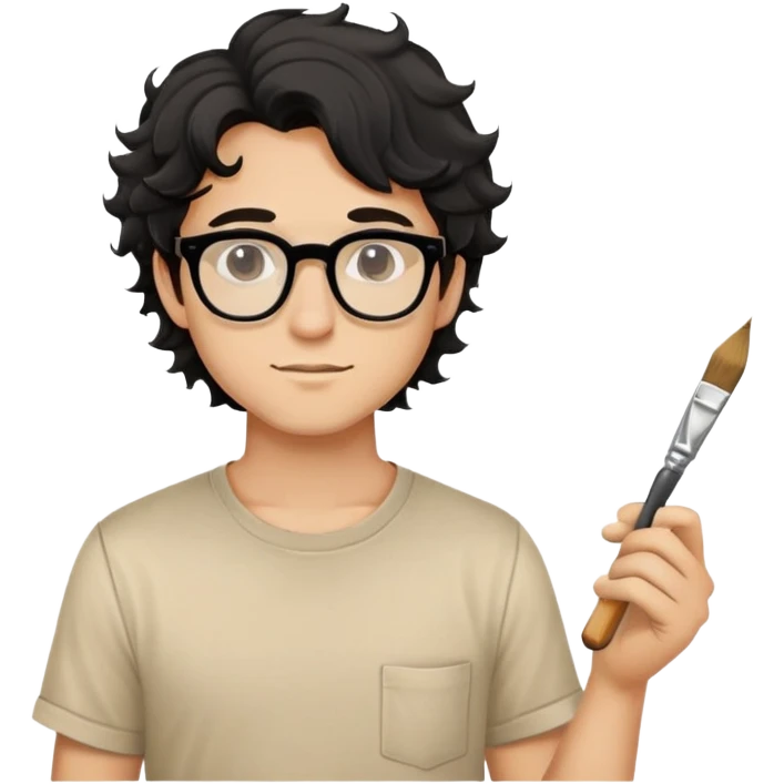 Young caucasian man with black wavy hair, round glasses, beige painting shirt, holding a square paintbrush emoji