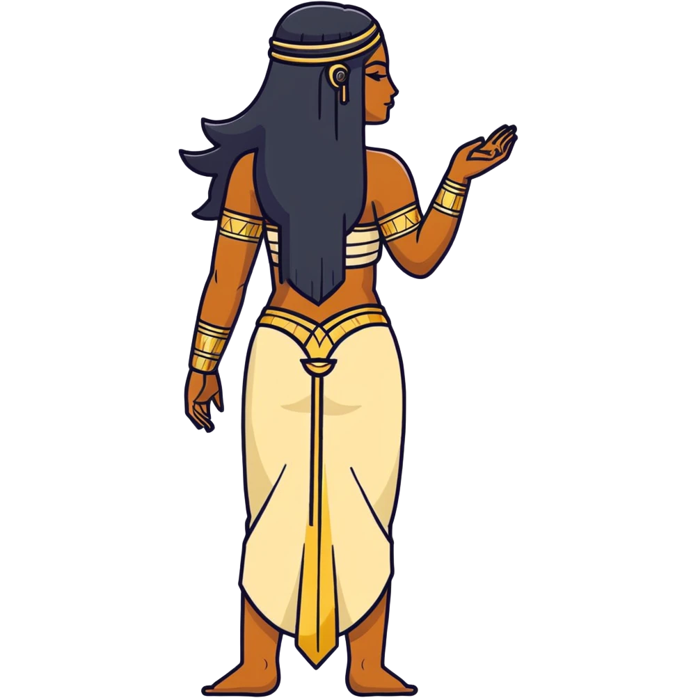 fullbody back view of Anunnaki goddess Inanna with long flowing black hair, Mesopotamian star symbols, exposed naked back, simple gold cuffs on wrists and feet, arms relaxed downward, rich dark brown skin emoji