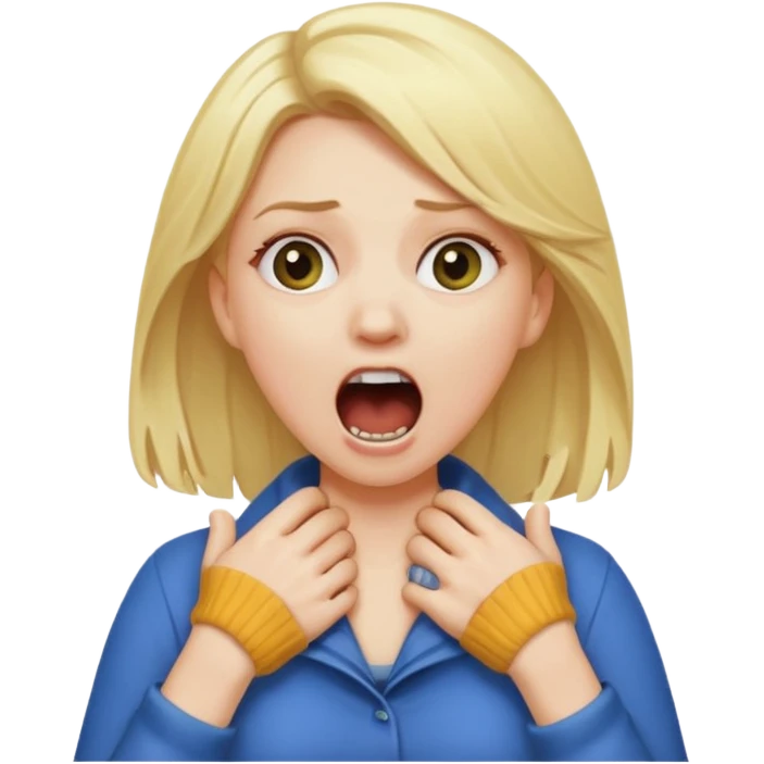 White girl with blonde hair with her hands around her neck screaming emoji