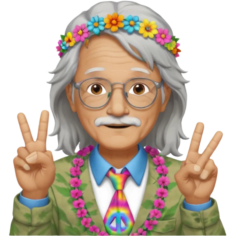 elderly man with long grey hair, glasses, peace sign necklace, tie-dye clothing, flower crown emoji