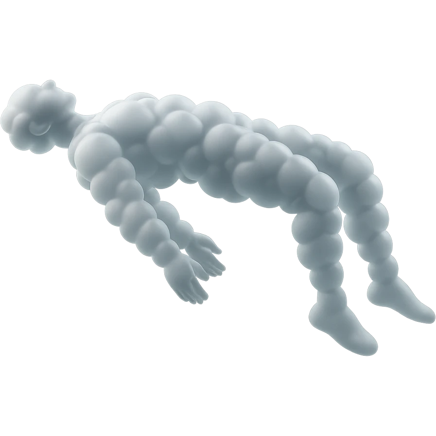 side view of unconscious person flying with torso upwards, legs and arms downwards, made of small very bright white fluffy convex clouds, matte glass style emoji
