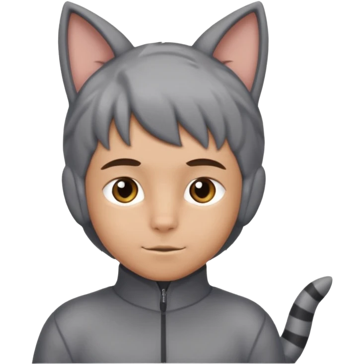 Boy kid in gray cat suit with tail and ears emoji