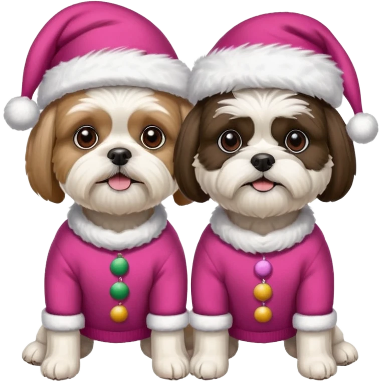 two dogs one little white all over shih tzu dog with pink santa hat and one bigger mostly white with black havanese dog wearing red christmas sweater and red christmas hat emoji