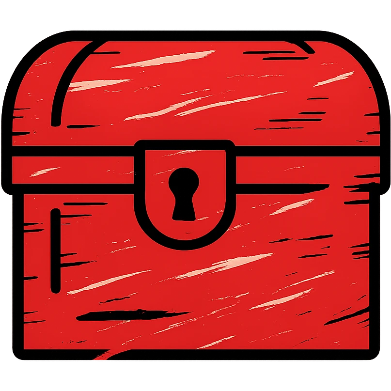 an all-red treasure chest icon that appears partially erased and smudged, as if a paint brush had deliberately removed sections, with brush stroke weathering and uneven edges, giving it a heavily distressed appearance, only red colors emoji