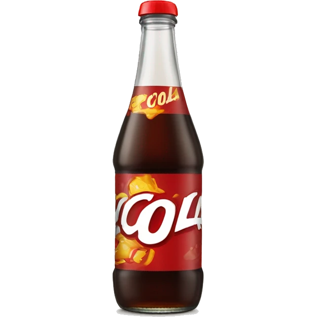 glass bottle with brown soda and red lid with the word "cola" on the label emoji