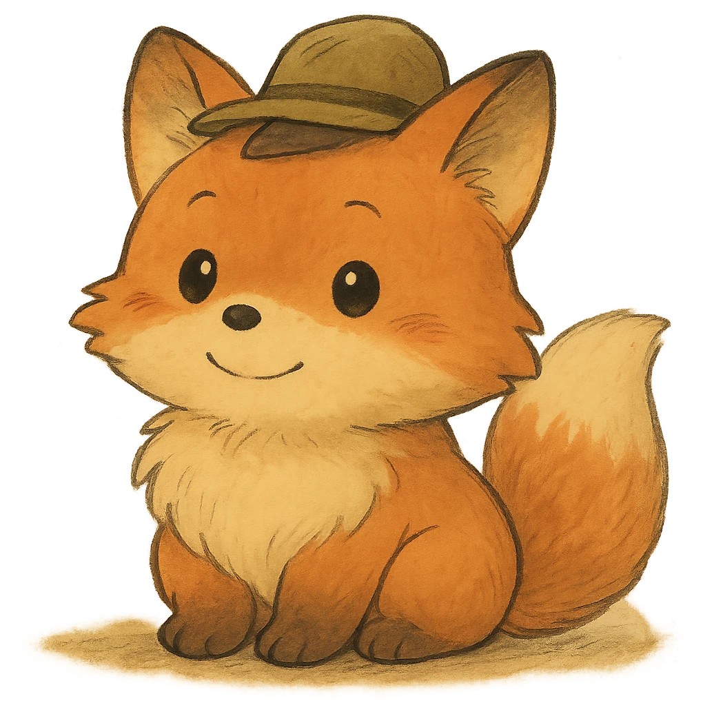A cute, fluffy fox with a round head in the style of Studio Ghibli, wearing a hat. emoji