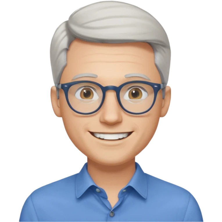 30 yr old pale white man, white/grey side swept stylish hair, round glasses, big smile, white teeth, handsome, longer hair, thin glasses, blue dress shirt emoji