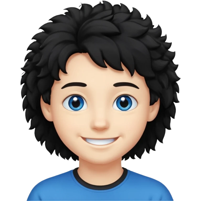 young face, blue eyes, black fluffy hair, smile emoji