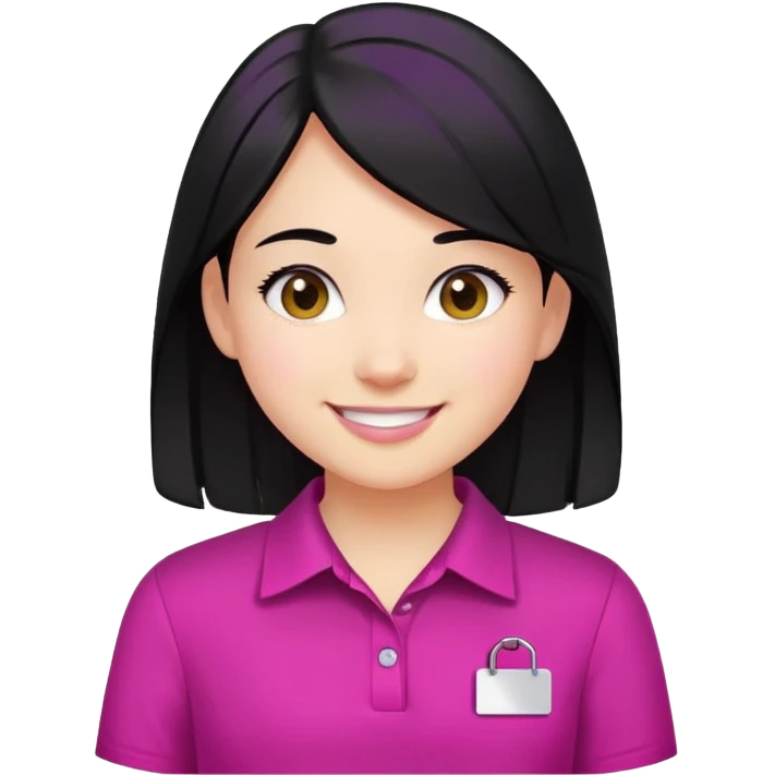 girl  with black hair wearing a magenta shirt with white name tag smiling emoji