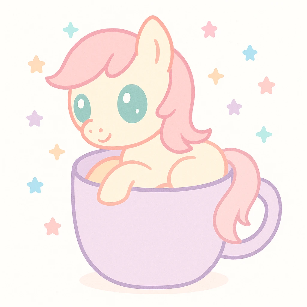 a cozy and charming small pony curled up in a coffee mug emoji