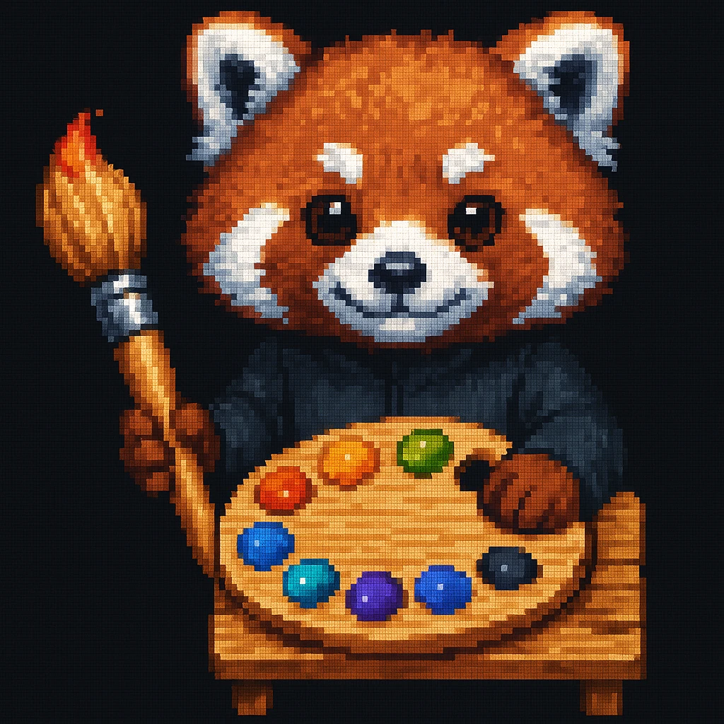 Red panda with brush and pallet, pixel art style emoji
