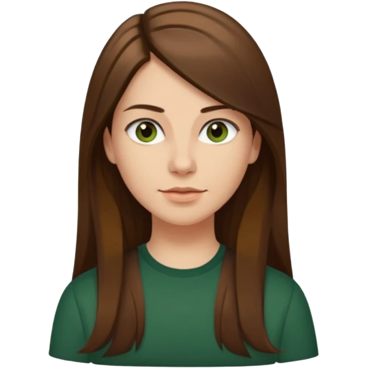 30 yr Caucasian woman long brown straight hair parted on side dark green shirt emoji