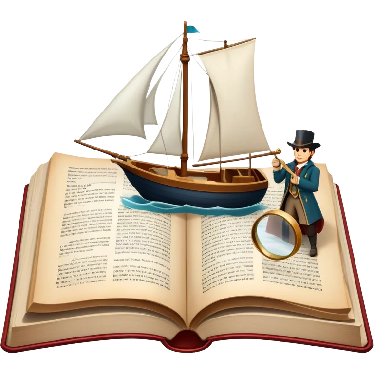 Icon for Reading Fiction: a large open book with pages turning, a sailboat sailing across the pages, Musketeers on horseback, Sherlock Holmes with a magnifying glass, and other literary elements. The icon should evoke the adventurous spirit of storytelling. Transparent background. emoji