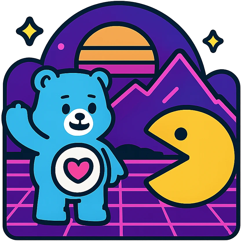 Care Bears and Pacman in a synthwave landscape with glowing mountains emoji