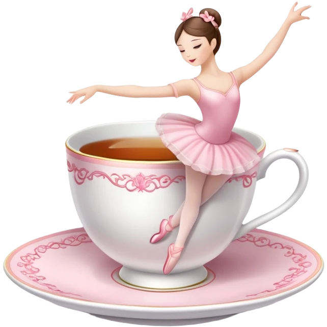 Elegant china tea cup with saucer wearing pink ballet slippers and performing an arabesque emoji