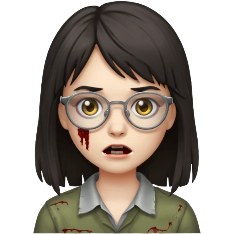  iPhone emoji is a zombie girl with dark hair long below her shoulders bangs and a ragged haircut gray eyes glasses  emoji