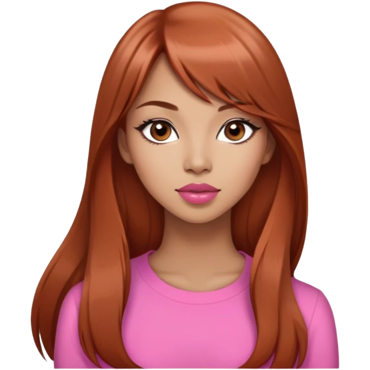 gorgeous woman, light tan skin, very long auburn hair, side bangs, black eyes, peachy pink lipstick, model, latina, asian, mixed emoji