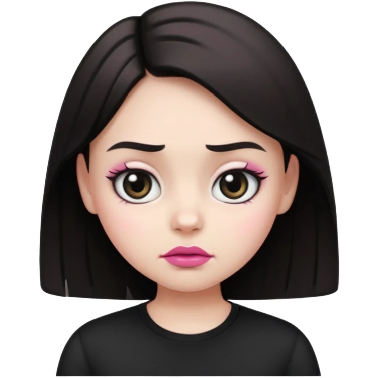  Girl emoji with round face, white skin, sharp eyebrows, frowning face, black shirt, pink lips, and big eyes  emoji