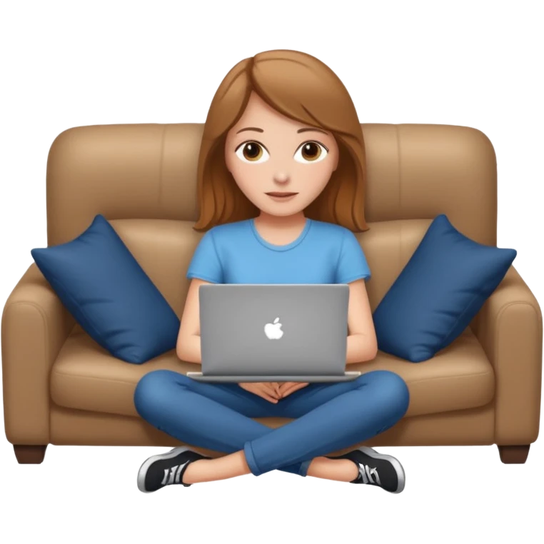 A white girl is lying on a sofa with a laptop emoji