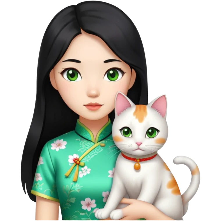 A Chinese girl with light skin, long black hair, wearing a qipao, and holding a calico cat with green eyes emoji