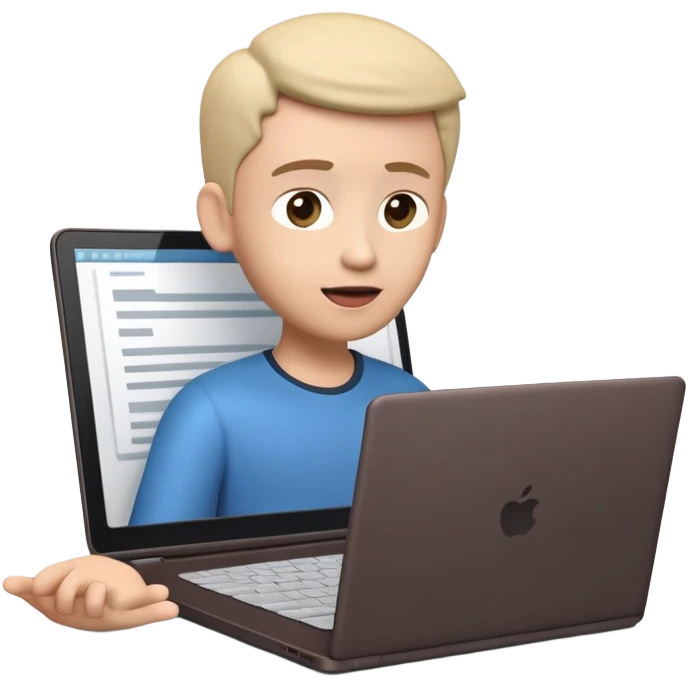 A dark-colored laptop with the screen open. From the screen, a person is emerging, giving a lecture or teaching. The person should look expressive and in a teaching pose. Soft shadows, semi-3D emoji style, clean background. video course emoji