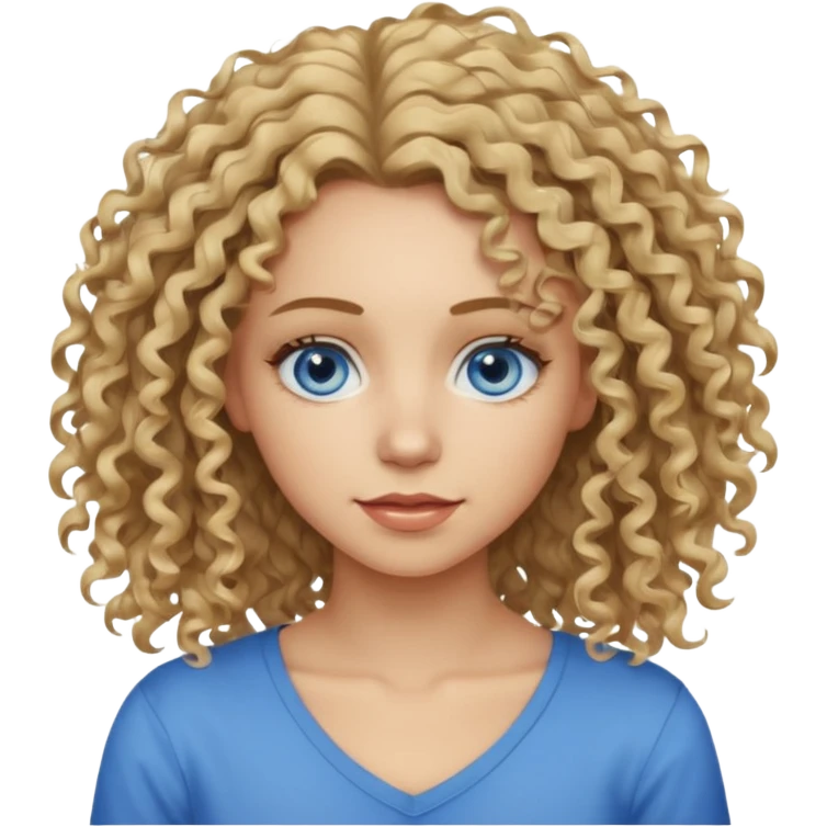 This is a 2D digital anime-style portrait of a female, caucasian, 29 years old light skin. The person has messy dirty blond curly hair shoulder long, round blue eyes.  emoji
