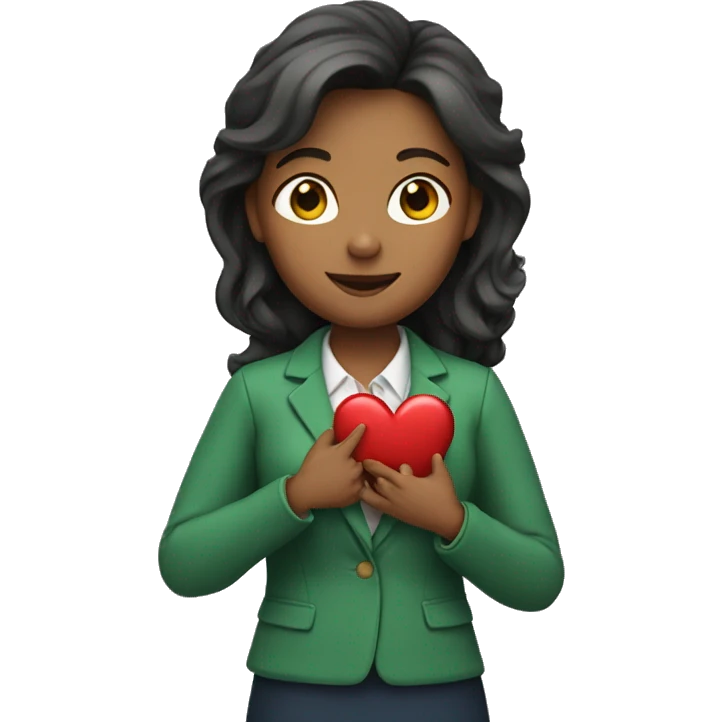 A female teacher in a green jacket holds a heart in her hands emoji