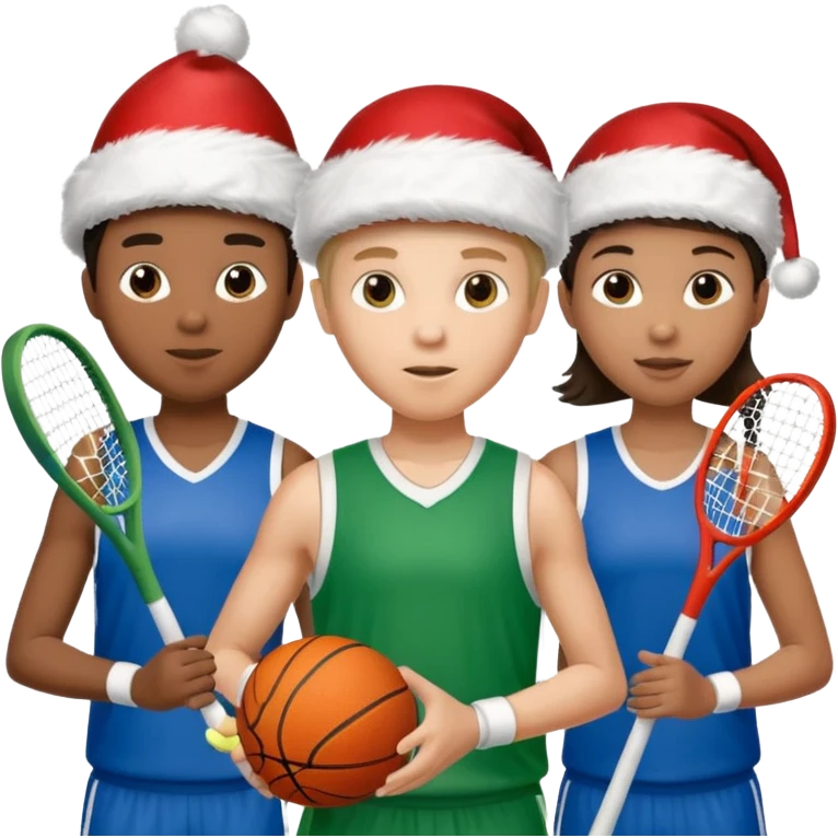 crie a imagem de 3 atletas de modalidades diferentes, usando elementos esportivos, como por exemplo bola, raquete, luca... e usando um chápeu de papai noel das cores verde e azul. emoji