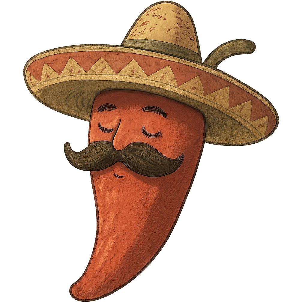 ghibli style red chile pepper with a sombrero and a Mexican moustache emoji
