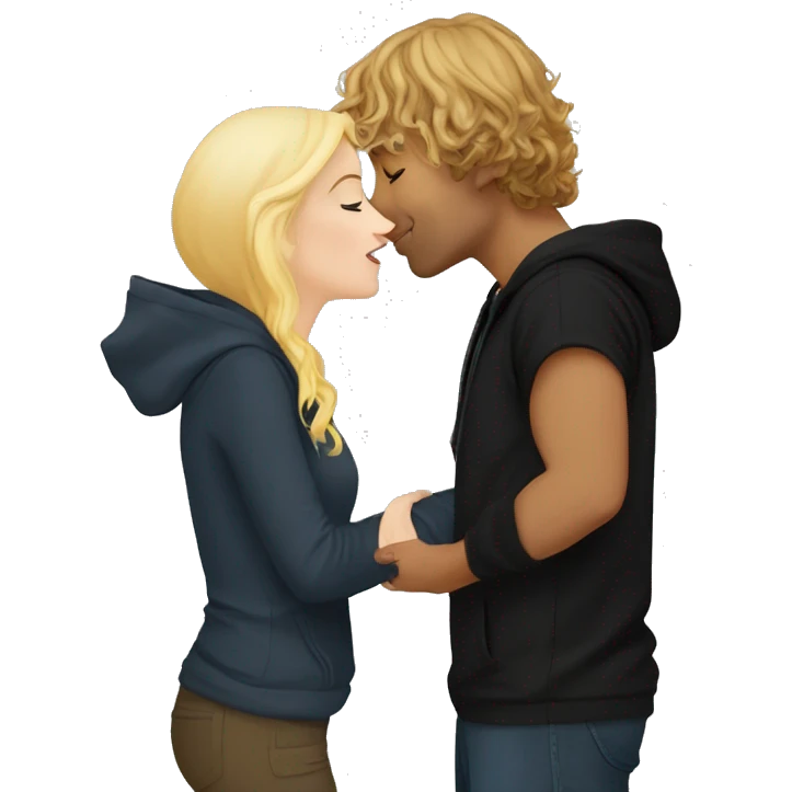 Pippin-hobbit wearing hoodie passionately kissing pretty blonde woman with black top emoji