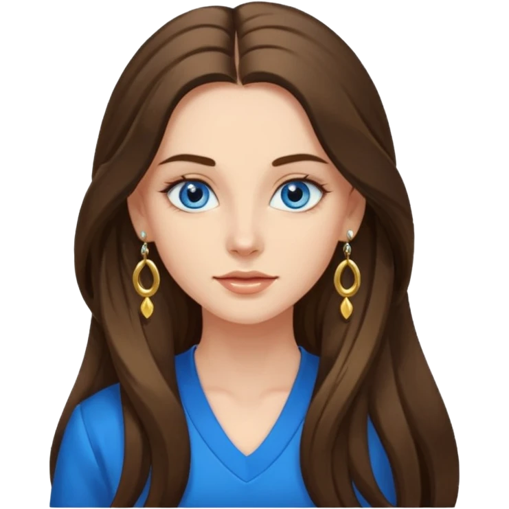 
Create an emoji of a brunette with blue eyes. She should have long hair, stylish clothing, and a friendly facial expression. Add some accessories like earrings or glasses to make the look more interesting. emoji