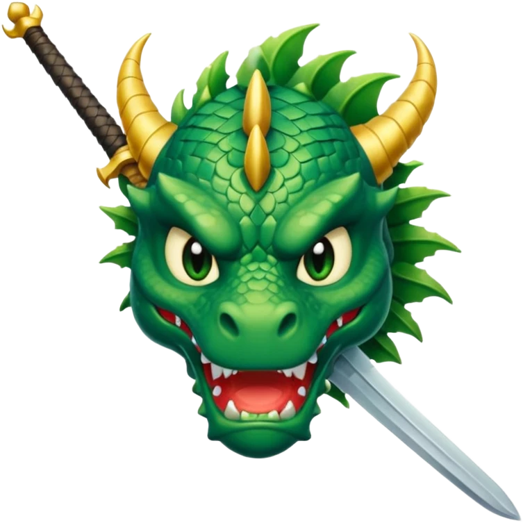 green dragon's head with a sword through it, looking defeated, representing overcoming obstacles, WhatsApp emoji style emoji