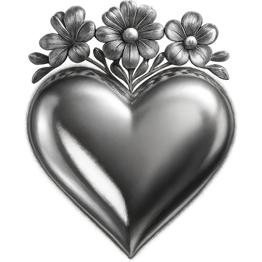 an orange heart with a crown of colorful flowers, chrome style, shiny and metallic emoji