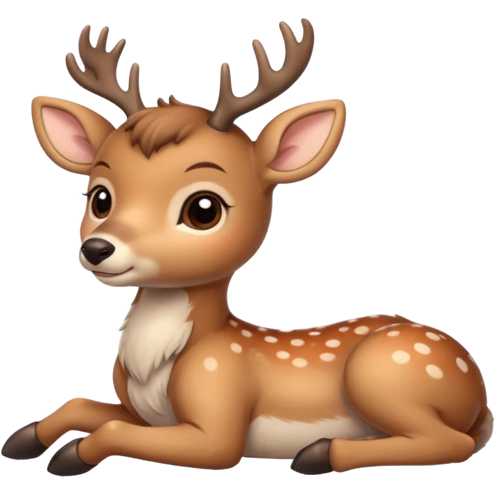 Cute beige deer lying down, legs folded, soft fur with lighter spots, big eyes, gentle smile, short antlers, simple cartoon style. emoji
