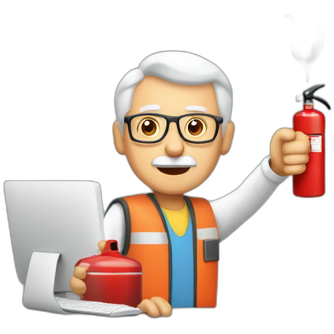 elderly man pointing fire extinguisher at a computer emoji