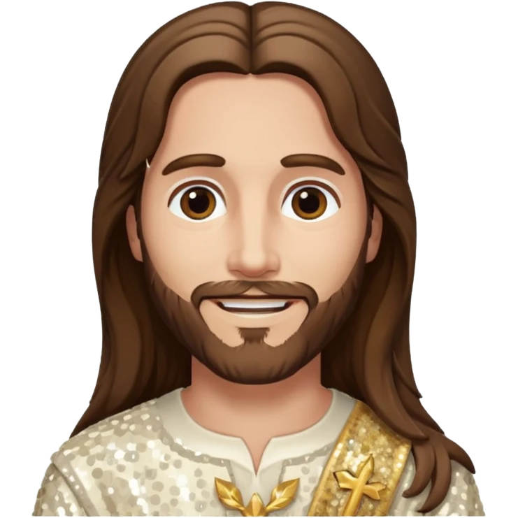 Jesus Christ with long brown hair, ivory sequin outfit emoji