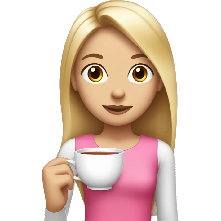 a blonde long straight hair girl with brown eyes has a pink bow on head and drink a cup of tea emoji