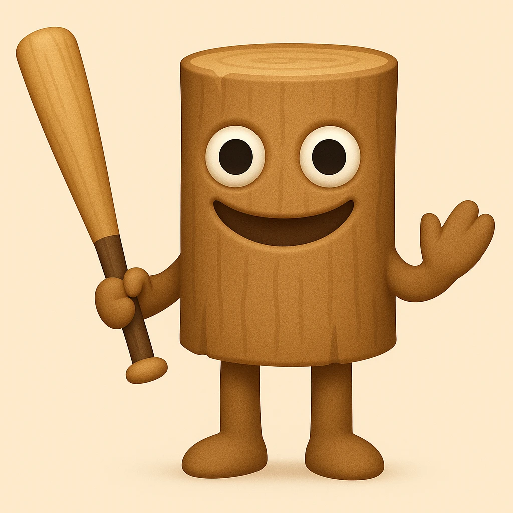 Make the character less human and more like a wooden stump, with a face that closely matches the reference image: large round eyes, wide unsettling smile, and minimal human features. Keep arms and legs, holding a baseball bat. Render in emoji style. emoji