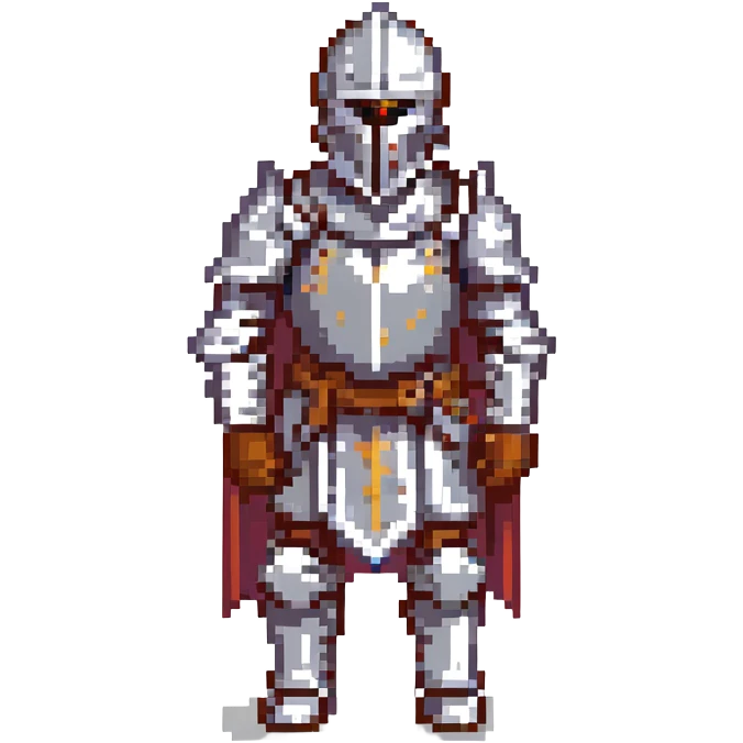 A pixel art knight in armor with a closed helmet, expressing admiration. The knight's arms and legs are in different positions. The image is portrait-sized and has a clear outline. emoji