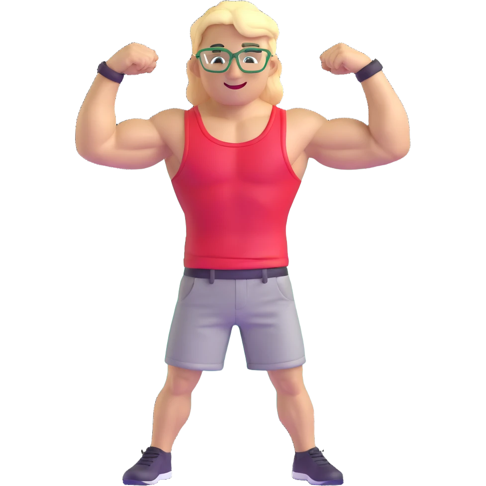 Man with black and white cap, bare muscular torso, red shorts, clear glasses, messy light blond mullet hairstyle, flexing and smiling emoji