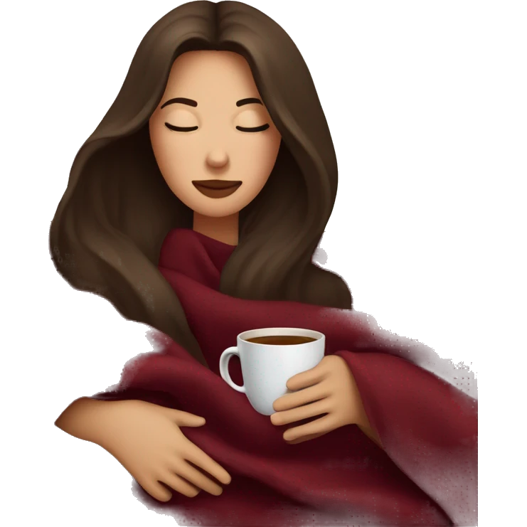 Brunette girl inside a maroon blanket sipping coffee eyes closed emoji