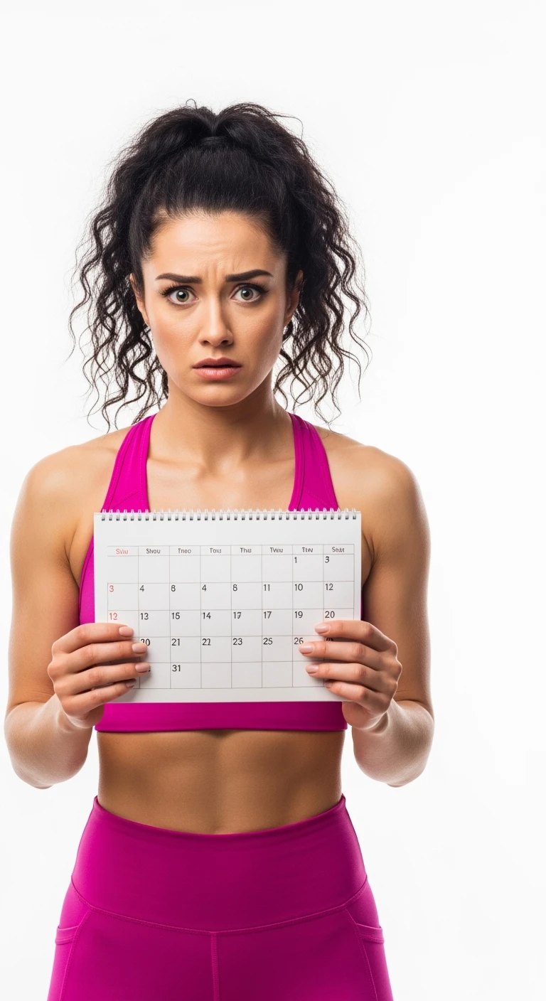 DONNA FITNESS CHE CON CALENDARIO IN MANO, ESPRESSIONE PREOCCUPATA, ISOLATA SU SFONDO BIANCO emoji