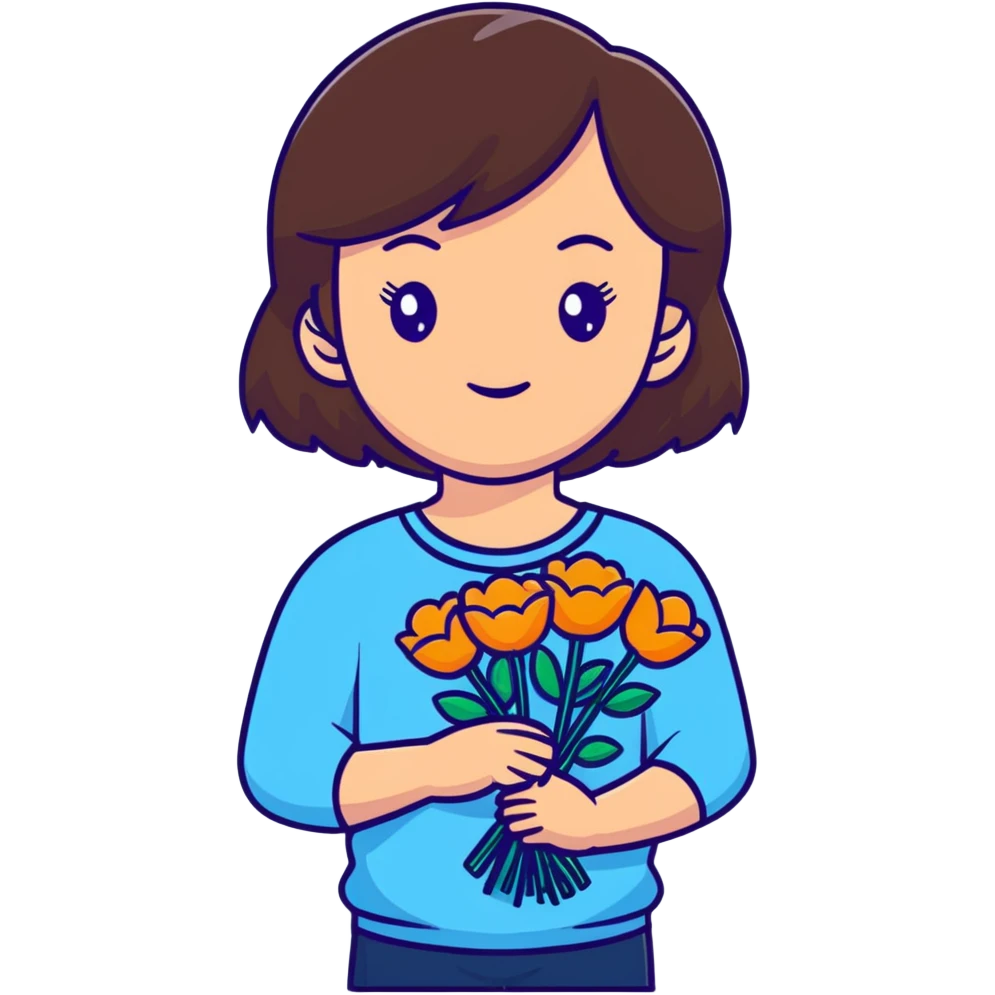 brunette girl with brown hair wearing pastel blue clothes holding flowers emoji