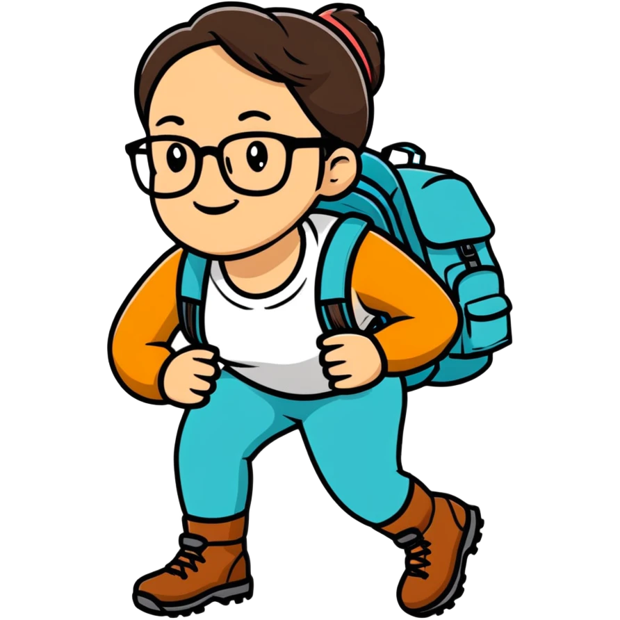 Woman in her late 30s with glasses wearing sporty outfit, hiking boots, and backpack looking happy and curious emoji