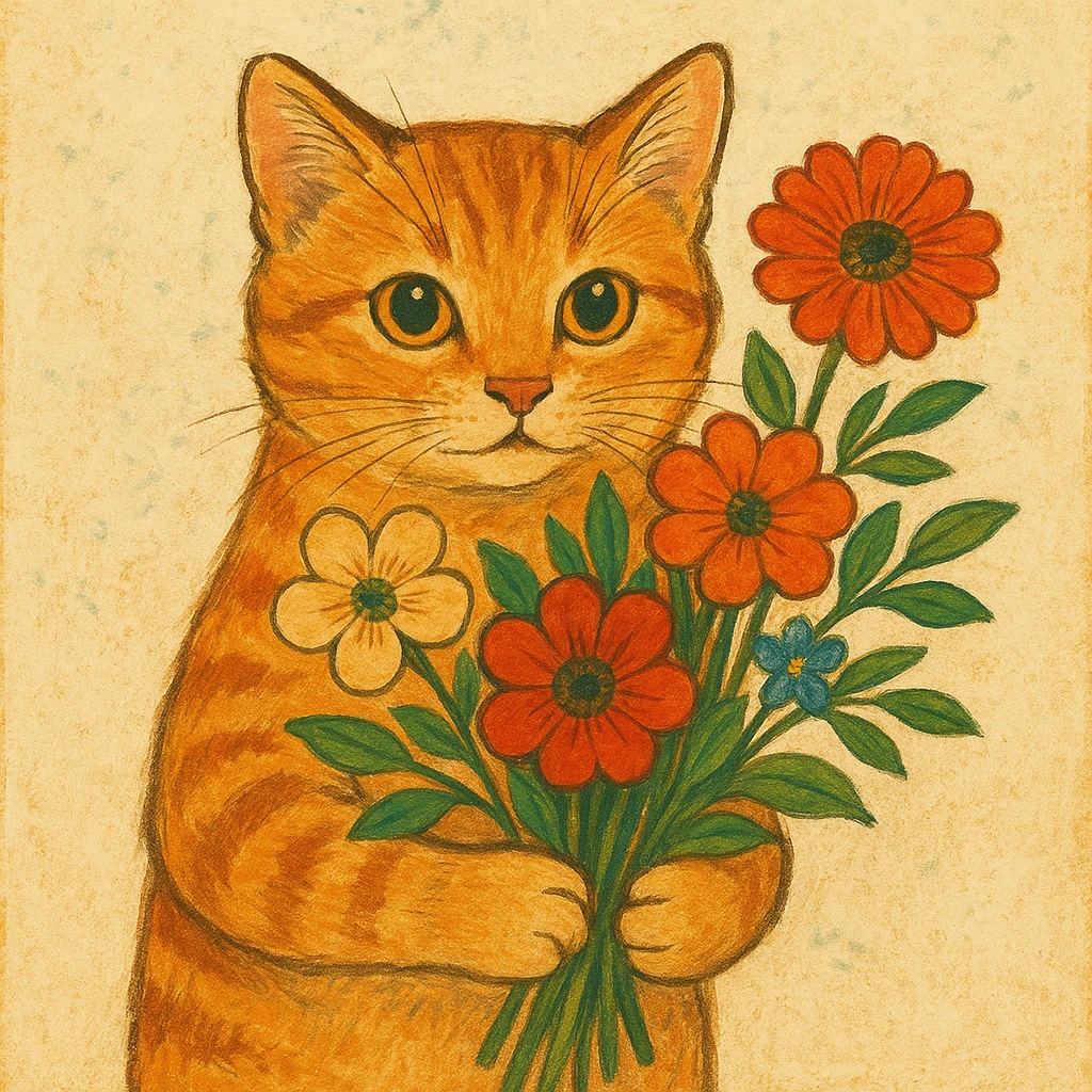 a cat holding flowers, diverse artistic styles, style 1 emoji
