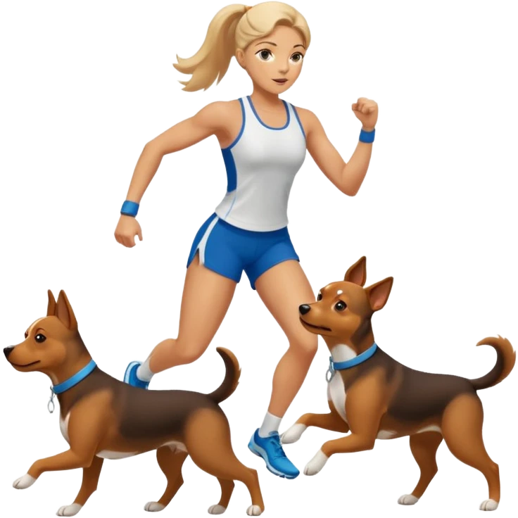 female athlete canicross with two dogs, dynamic pose emoji