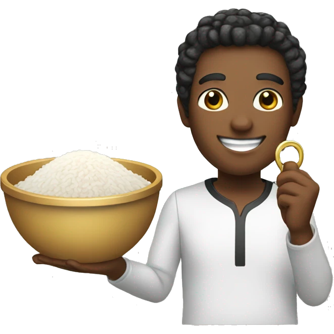 Happy face holding a key and plate of rice emoji