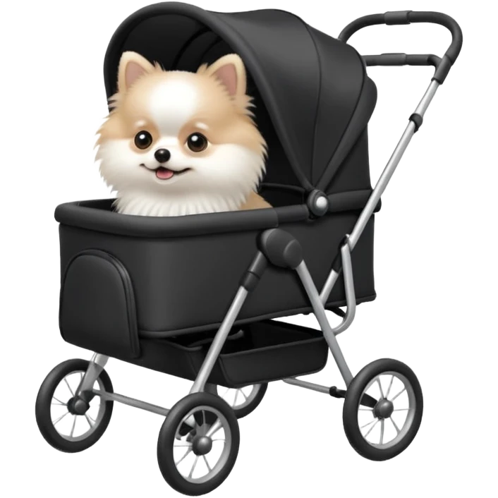 A white Pomeranian dog sits in a black baby stroller. A wheelchair with a folded roof. The image quality is ultra realistic. emoji